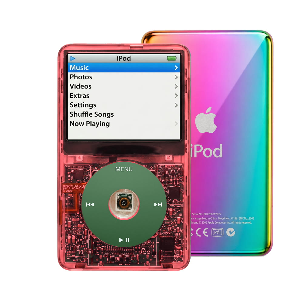 Clear Red refurbished iPod Video 5.5 Gen with Green click wheel and Rainbow back plate