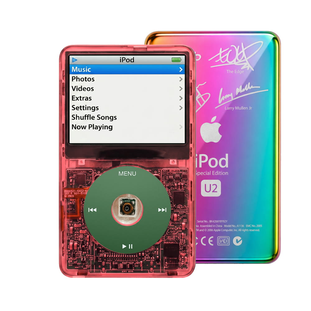 Clear Red refurbished iPod Video 5.5 Gen with Green click wheel and Rainbow U2 back plate