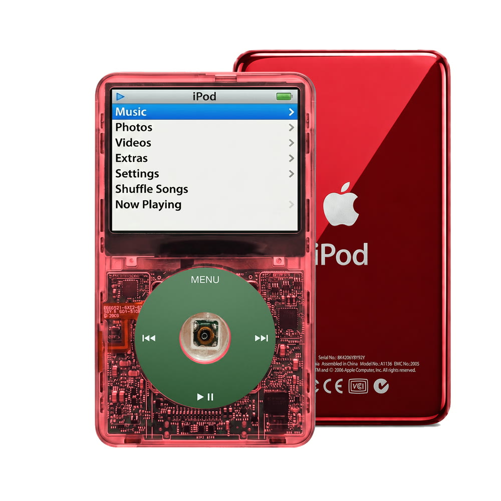 Clear Red refurbished iPod Video 5.5 Gen with Green click wheel and Red back plate