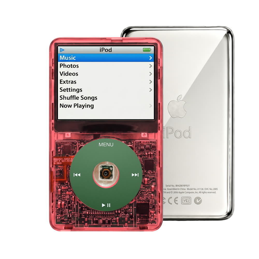Clear Red refurbished iPod Video 5.5 Gen with Green click wheel and Silver back plate