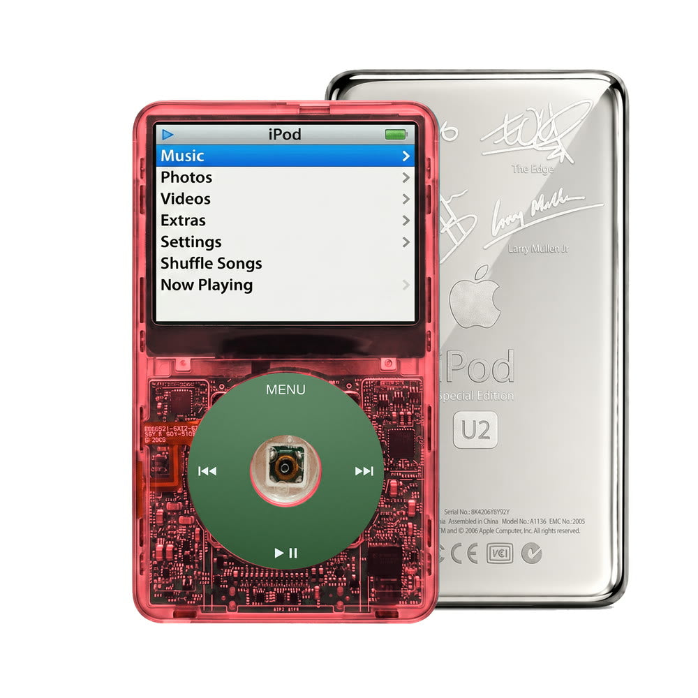 Clear Red refurbished iPod Video 5.5 Gen with Green click wheel and Silver U2 back plate