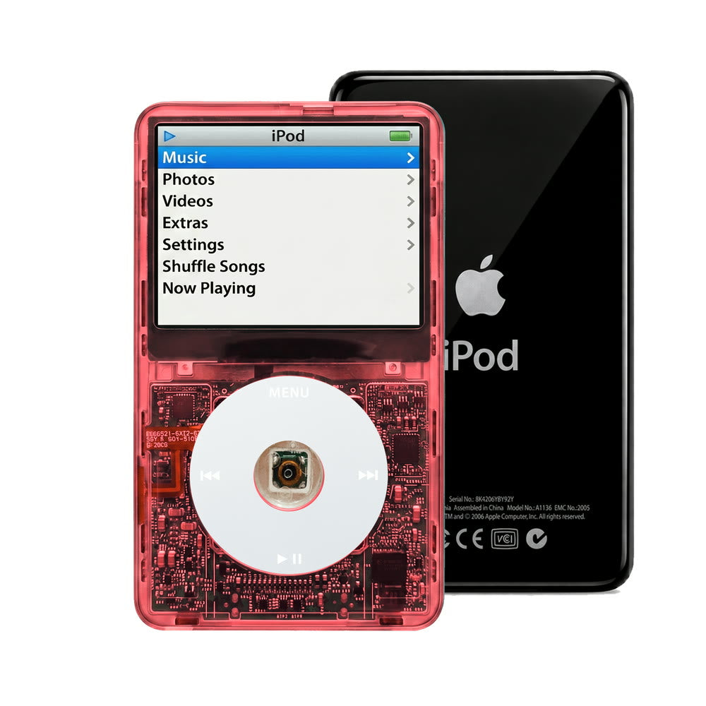 Clear Red refurbished iPod Video 5.5 Gen with Gray click wheel and Black back plate