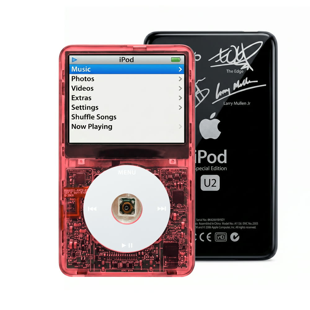 Clear Red refurbished iPod Video 5.5 Gen with Gray click wheel and Black U2 back plate