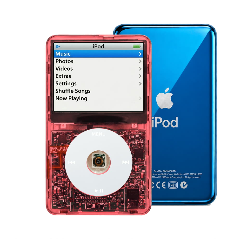 Clear Red refurbished iPod Video 5.5 Gen with Gray click wheel and Blue back plate