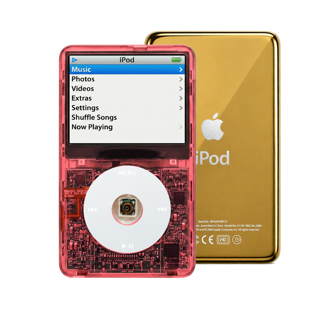 Clear Red refurbished iPod Video 5.5 Gen with Gray click wheel and Gold back plate