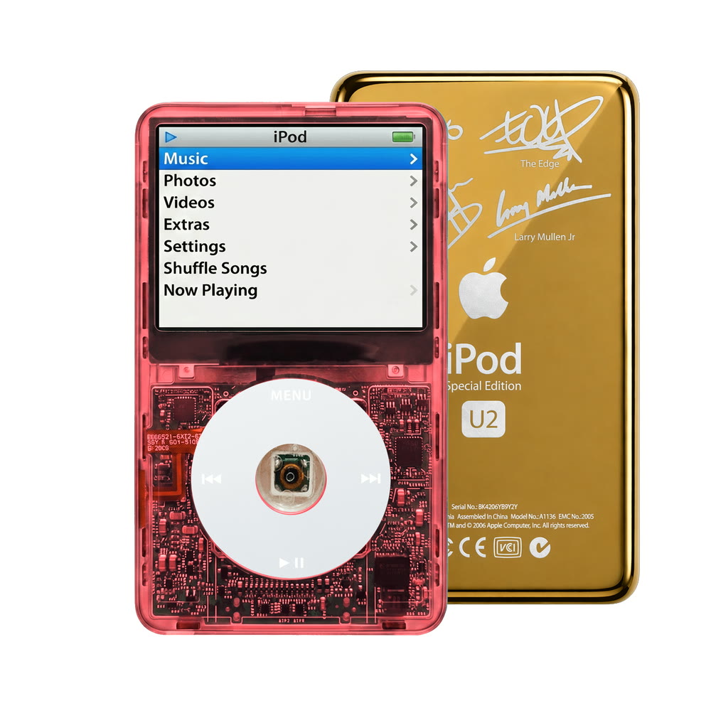 Clear Red refurbished iPod Video 5.5 Gen with Gray click wheel and Gold U2 back plate