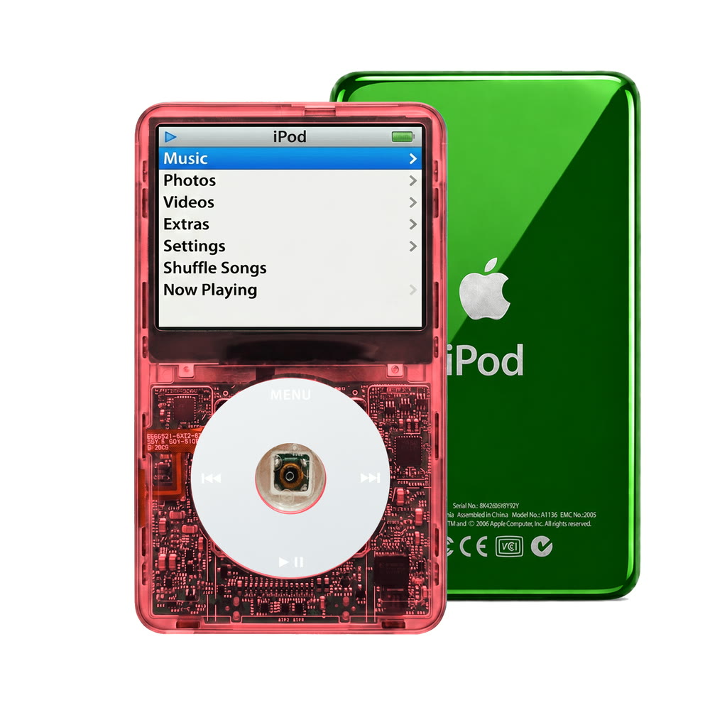 Clear Red refurbished iPod Video 5.5 Gen with Gray click wheel and Green back plate