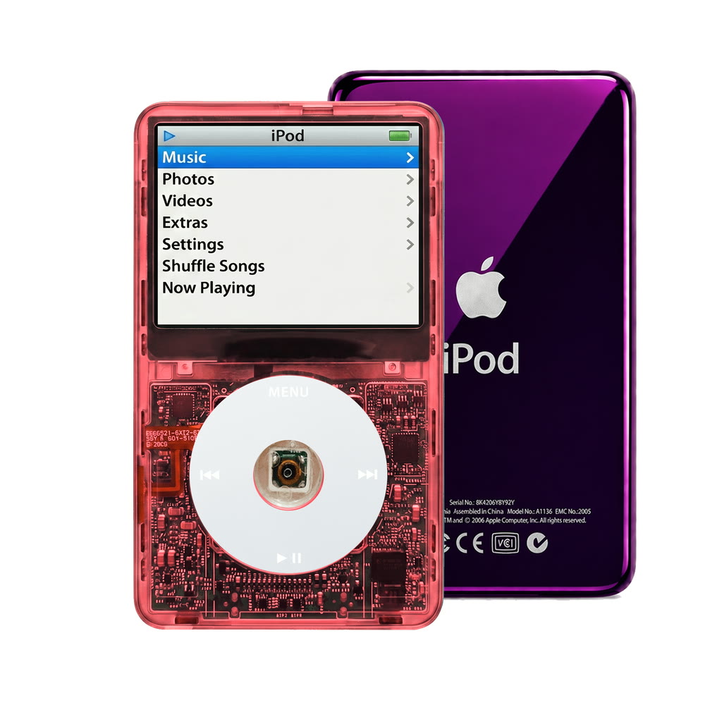 Clear Red refurbished iPod Video 5.5 Gen with Gray click wheel and Purple back plate