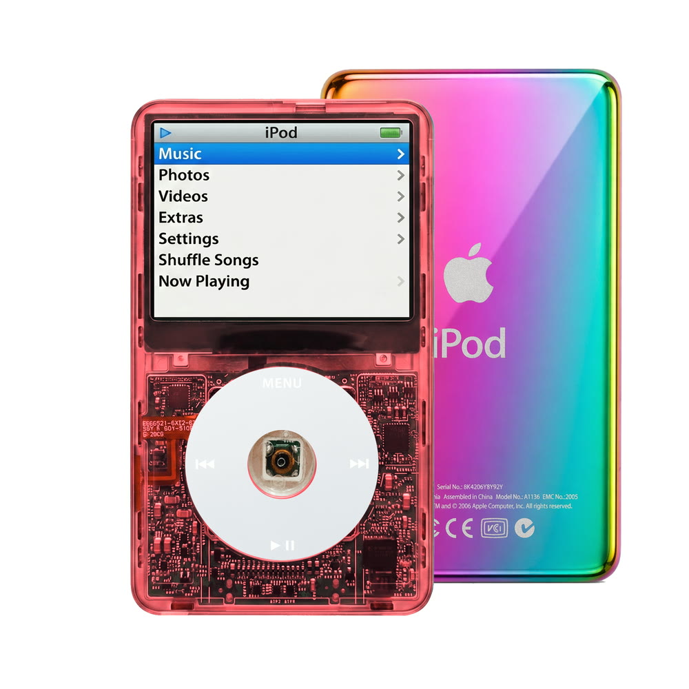 Clear Red refurbished iPod Video 5.5 Gen with Gray click wheel and Rainbow back plate