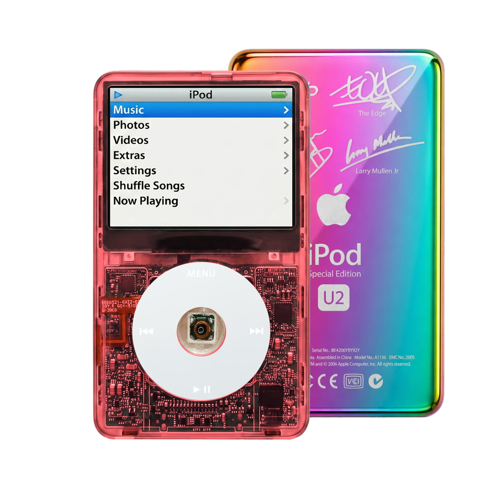 Clear Red refurbished iPod Video 5.5 Gen with Gray click wheel and Rainbow U2 back plate