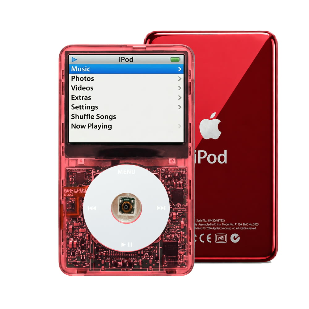 Clear Red refurbished iPod Video 5.5 Gen with Gray click wheel and Red back plate