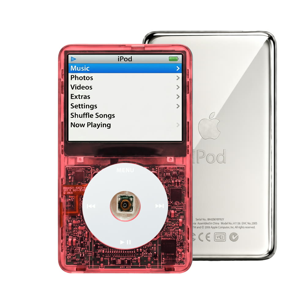 Clear Red refurbished iPod Video 5.5 Gen with Gray click wheel and Silver back plate