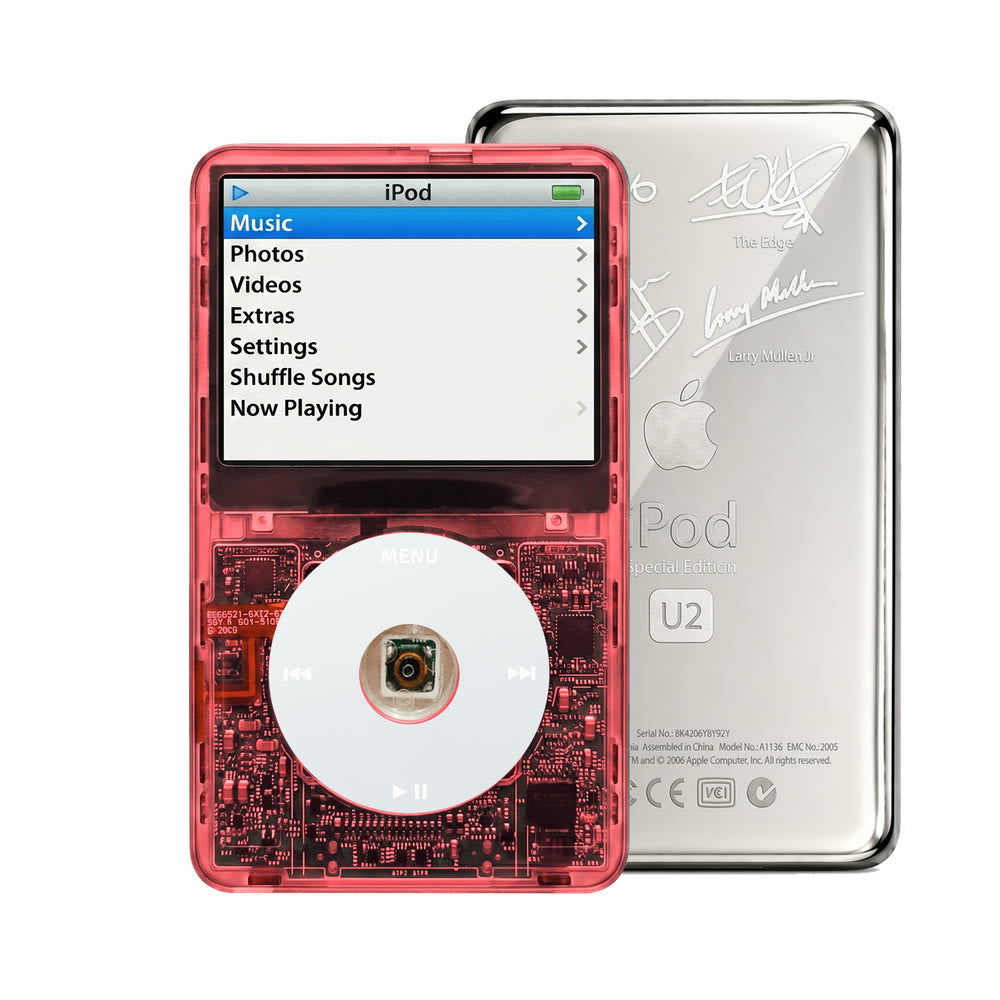 Clear Red refurbished iPod Video 5.5 Gen with Gray click wheel and Silver U2 back plate