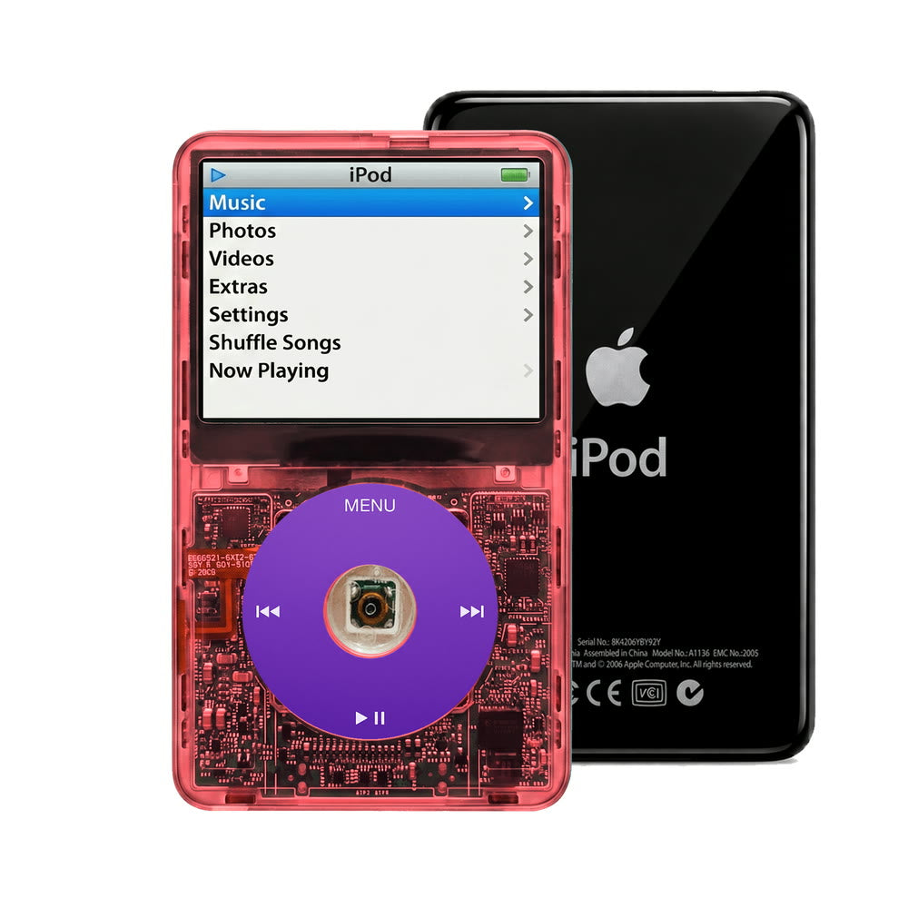 Clear Red refurbished iPod Video 5.5 Gen with Purple click wheel and Black back plate