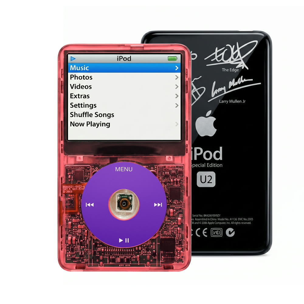 Clear Red refurbished iPod Video 5.5 Gen with Purple click wheel and Black U2 back plate