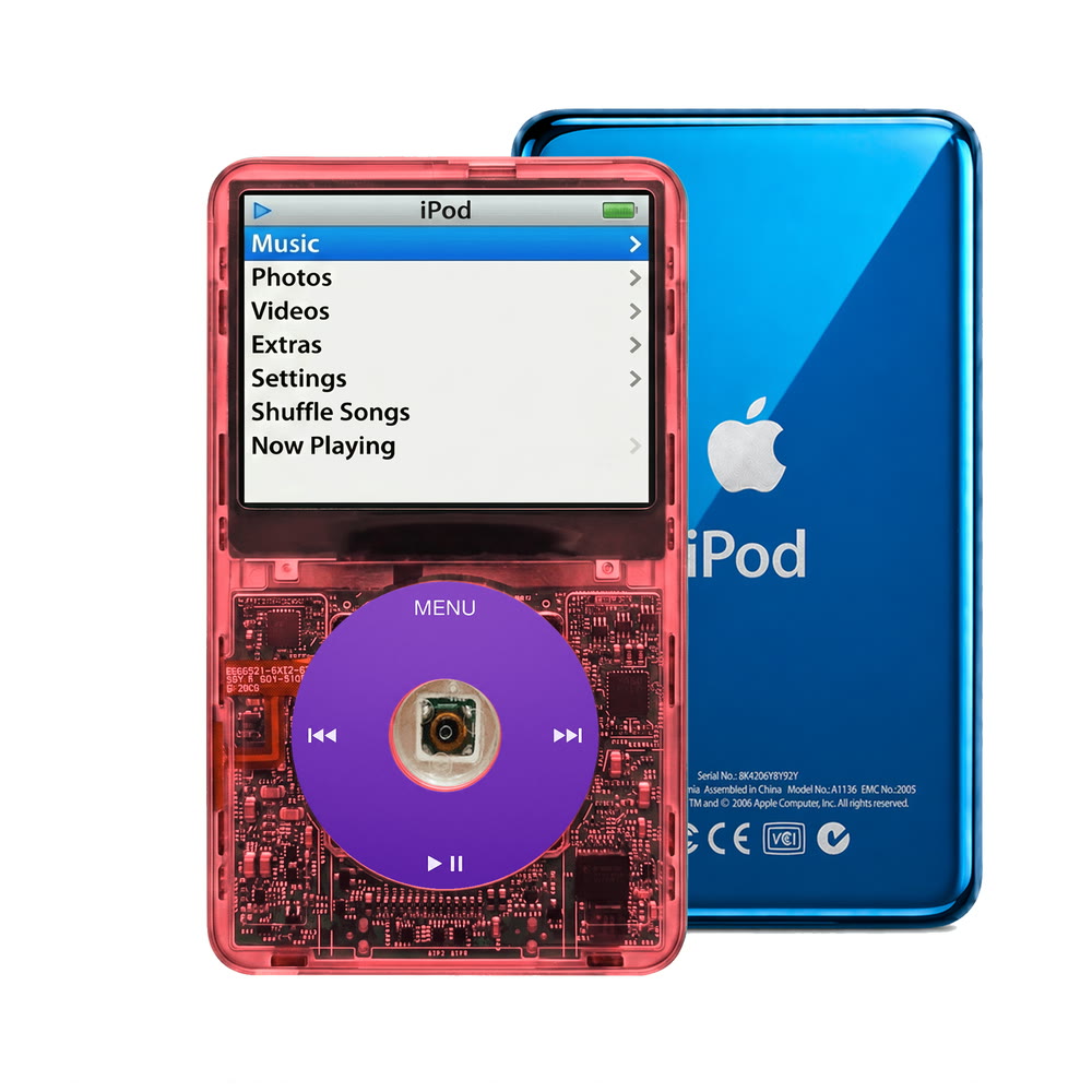 Clear Red refurbished iPod Video 5.5 Gen with Purple click wheel and Blue back plate