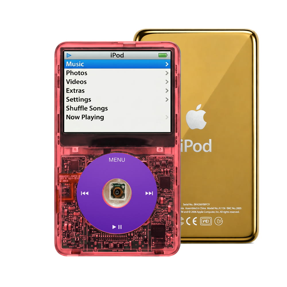 Clear Red refurbished iPod Video 5.5 Gen with Purple click wheel and Gold back plate