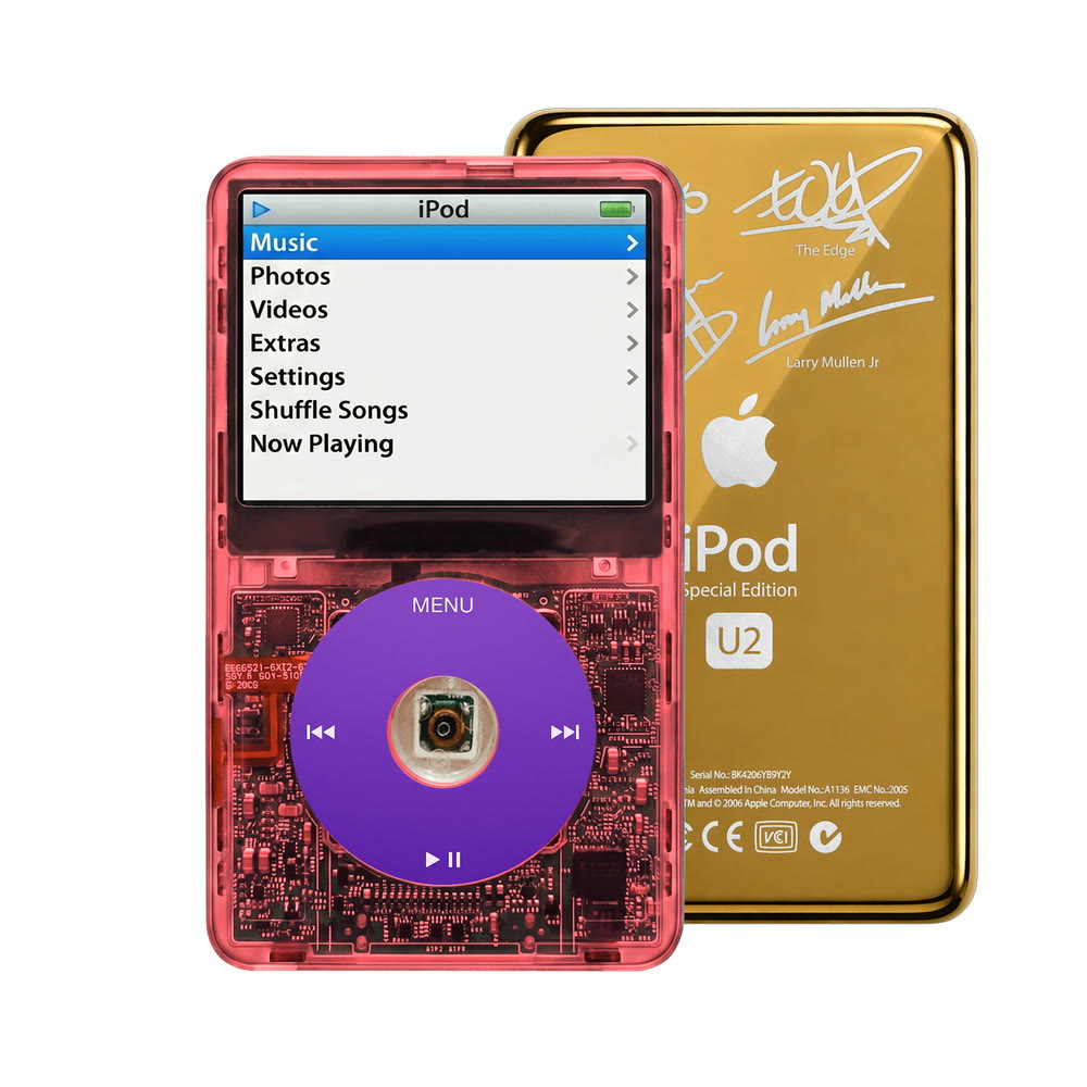 Clear Red refurbished iPod Video 5.5 Gen with Purple click wheel and Gold U2 back plate