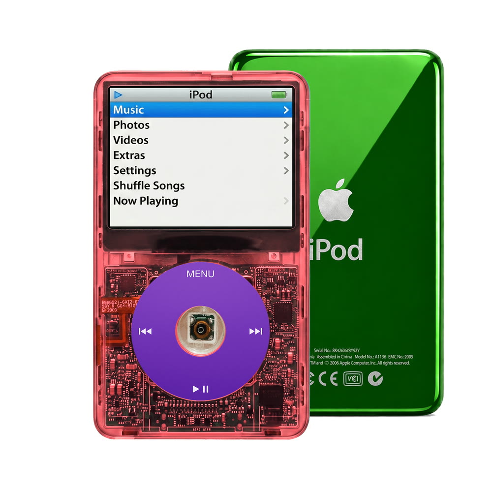Clear Red refurbished iPod Video 5.5 Gen with Purple click wheel and Green back plate