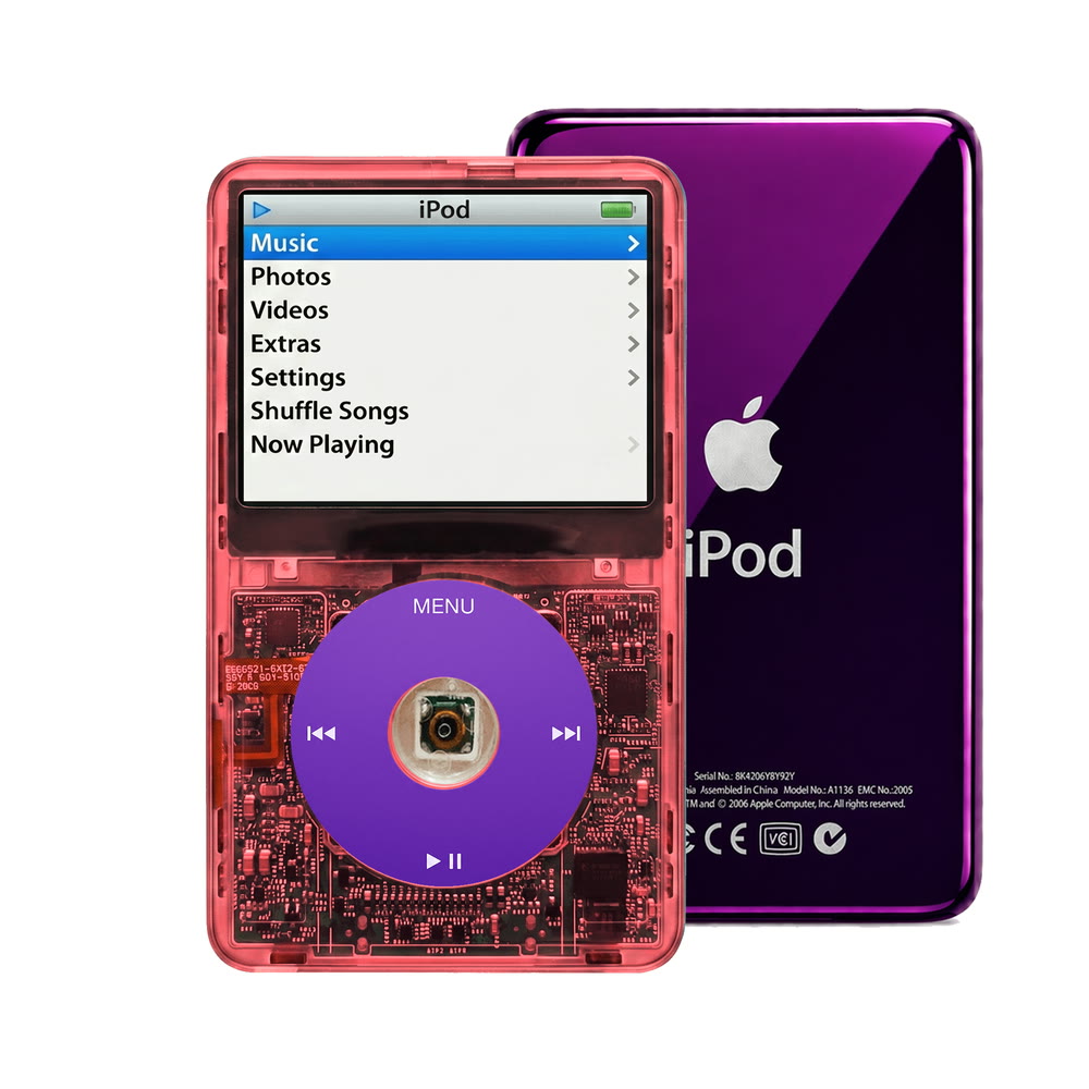 Clear Red refurbished iPod Video 5.5 Gen with Purple click wheel and Purple back plate