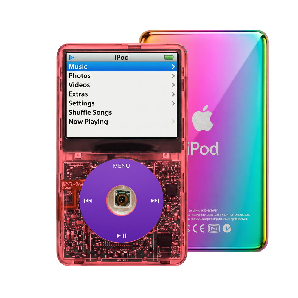 Clear Red refurbished iPod Video 5.5 Gen with Purple click wheel and Rainbow back plate