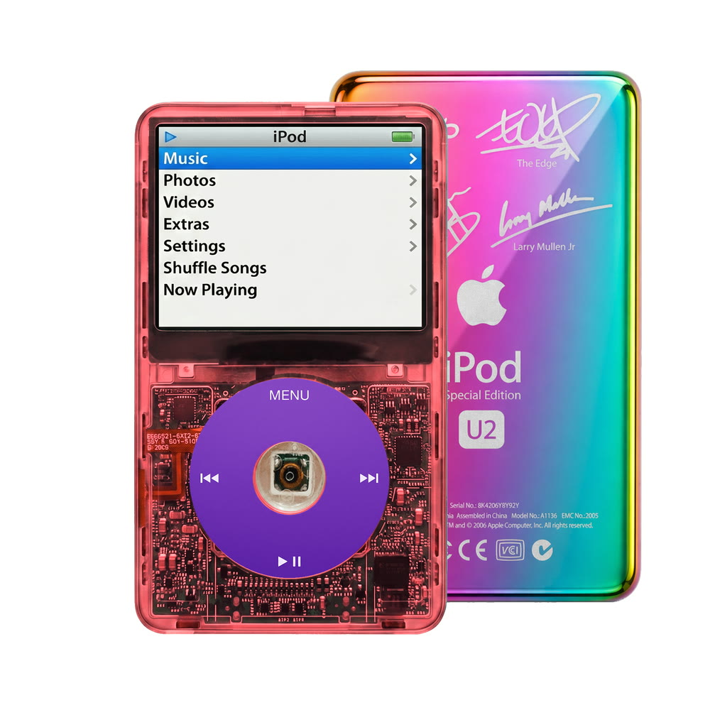 Clear Red refurbished iPod Video 5.5 Gen with Purple click wheel and Rainbow U2 back plate