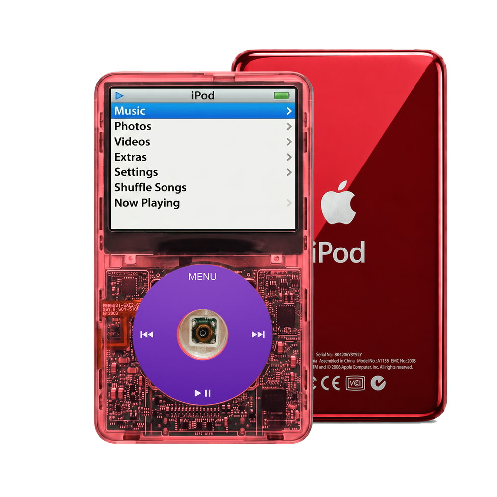 Clear Red refurbished iPod Video 5.5 Gen with Purple click wheel and Red back plate