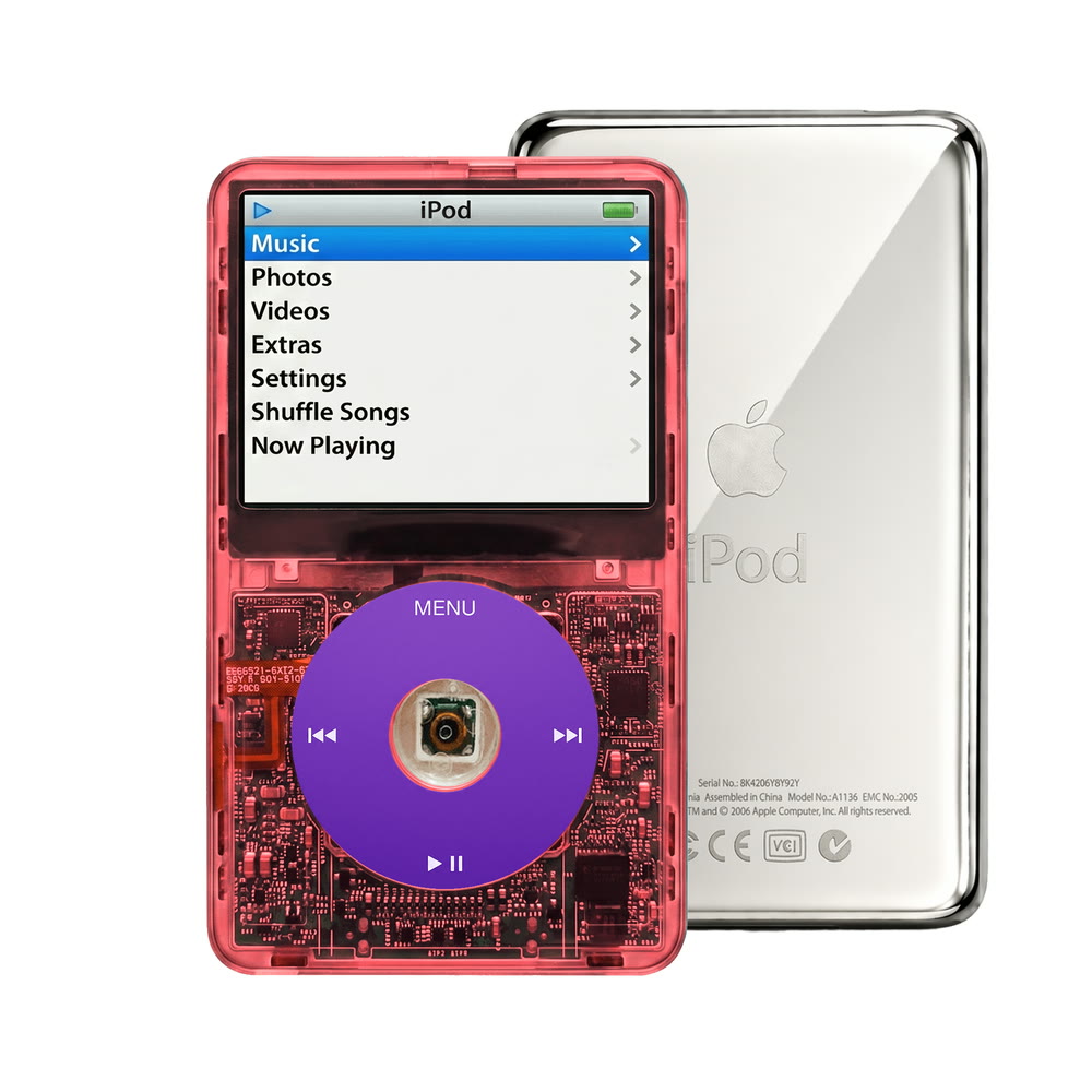 Clear Red refurbished iPod Video 5.5 Gen with Purple click wheel and Silver back plate