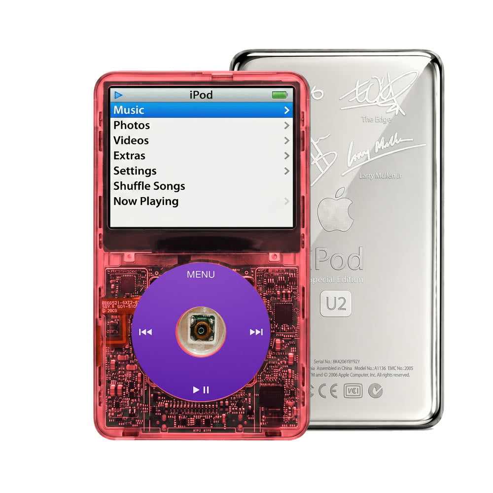 Clear Red refurbished iPod Video 5.5 Gen with Purple click wheel and Silver U2 back plate
