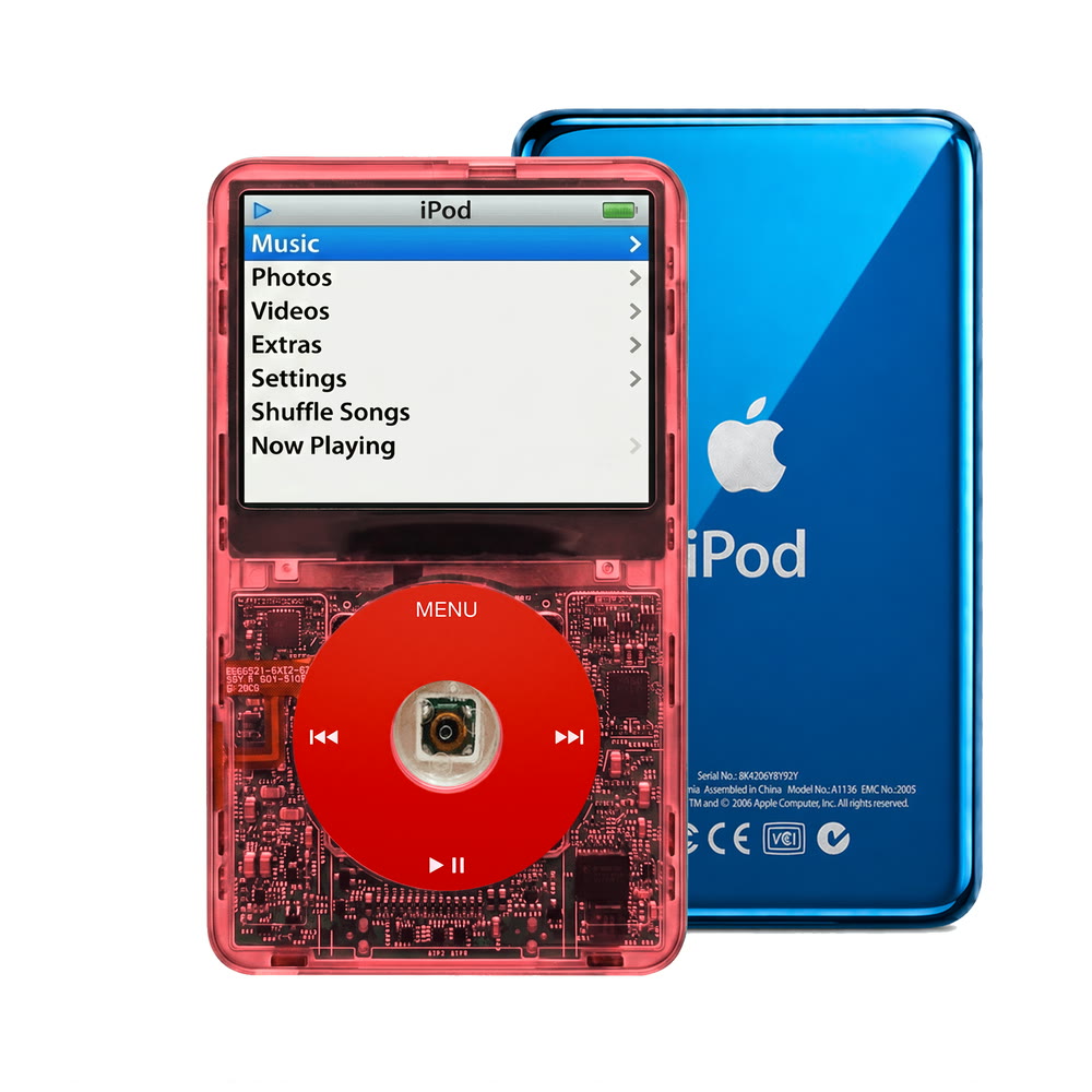 Clear Red refurbished iPod Video 5.5 Gen with Red click wheel and Blue back plate