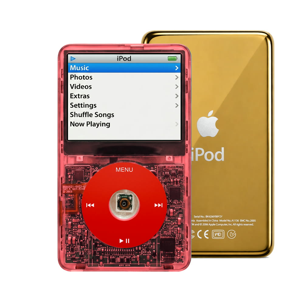 Clear Red refurbished iPod Video 5.5 Gen with Red click wheel and Gold back plate