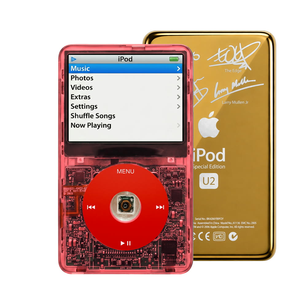 Clear Red refurbished iPod Video 5.5 Gen with Red click wheel and Gold U2 back plate