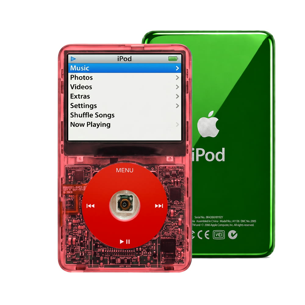 Clear Red refurbished iPod Video 5.5 Gen with Red click wheel and Green back plate