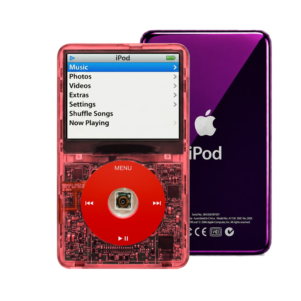 Clear Red refurbished iPod Video 5.5 Gen with Red click wheel and Purple back plate