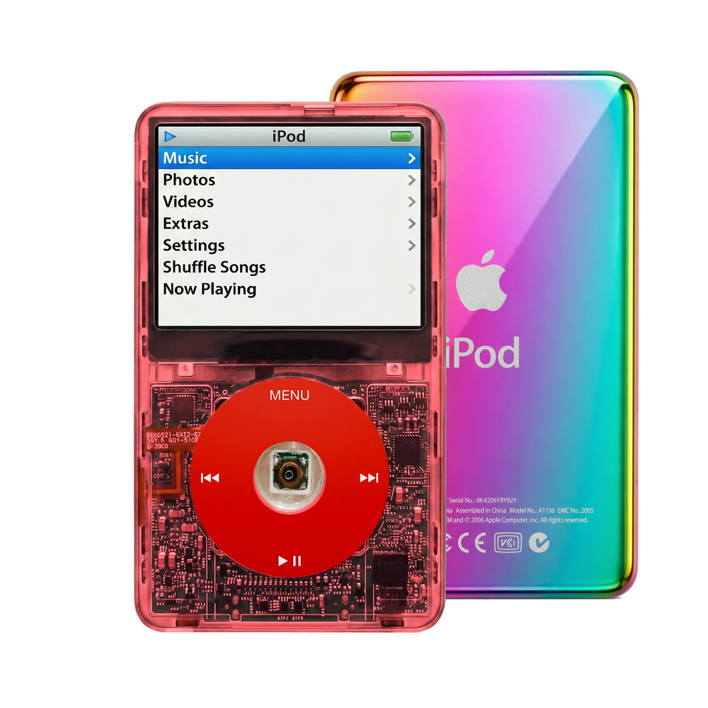 Clear Red refurbished iPod Video 5.5 Gen with Red click wheel and Rainbow back plate