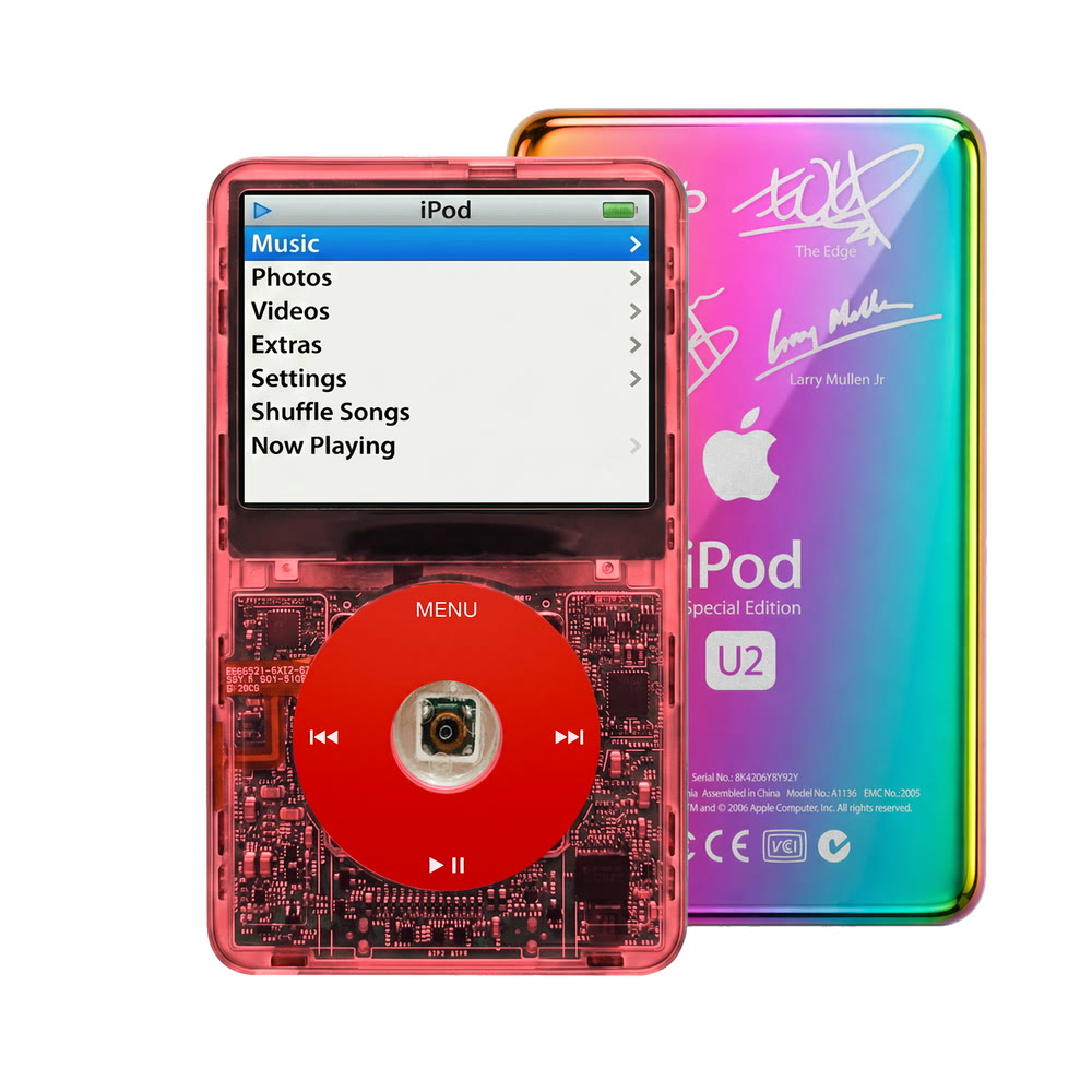 Clear Red refurbished iPod Video 5.5 Gen with Red click wheel and Rainbow U2 back plate