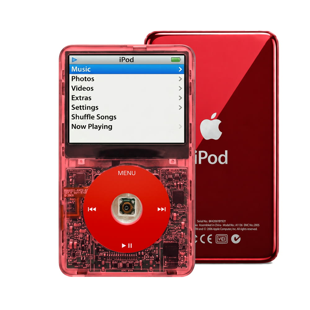 Clear Red refurbished iPod Video 5.5 Gen with Red click wheel and Red back plate