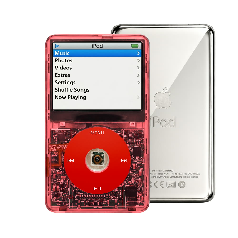 Clear Red refurbished iPod Video 5.5 Gen with Red click wheel and Silver back plate