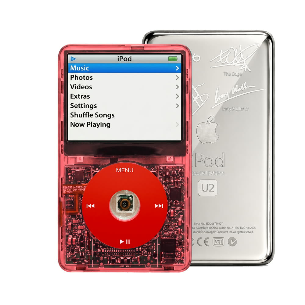 Clear Red refurbished iPod Video 5.5 Gen with Red click wheel and Silver U2 back plate