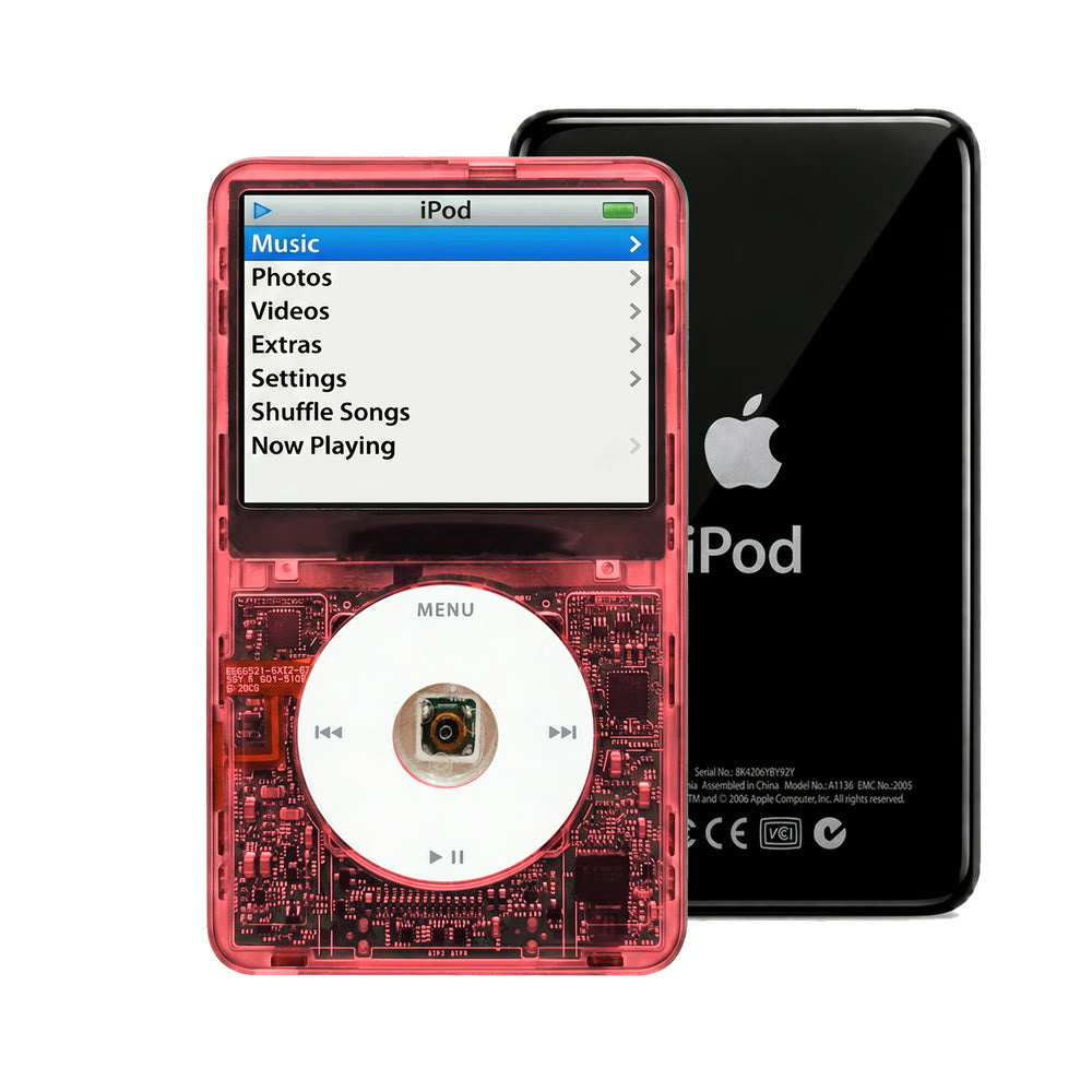 Clear Red refurbished iPod Video 5.5 Gen with White click wheel and Black back plate