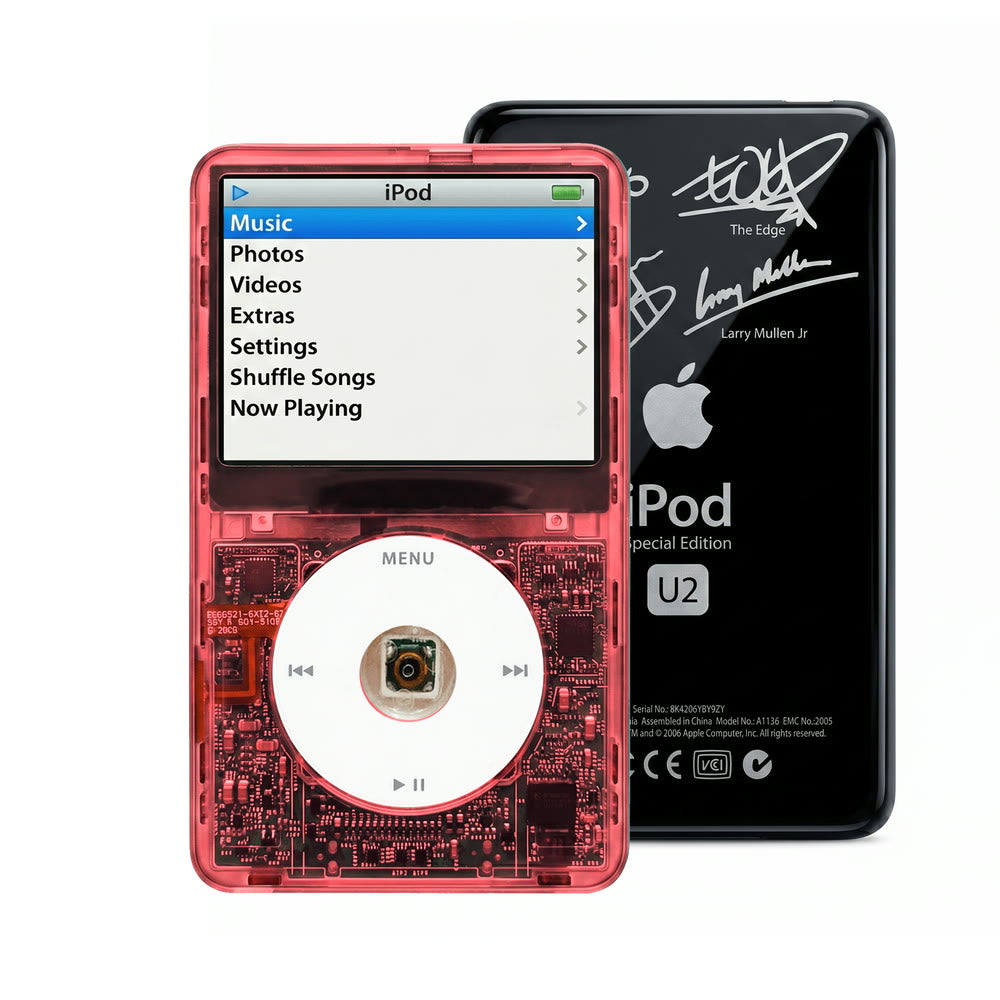 Clear Red refurbished iPod Video 5.5 Gen with White click wheel and Black U2 back plate
