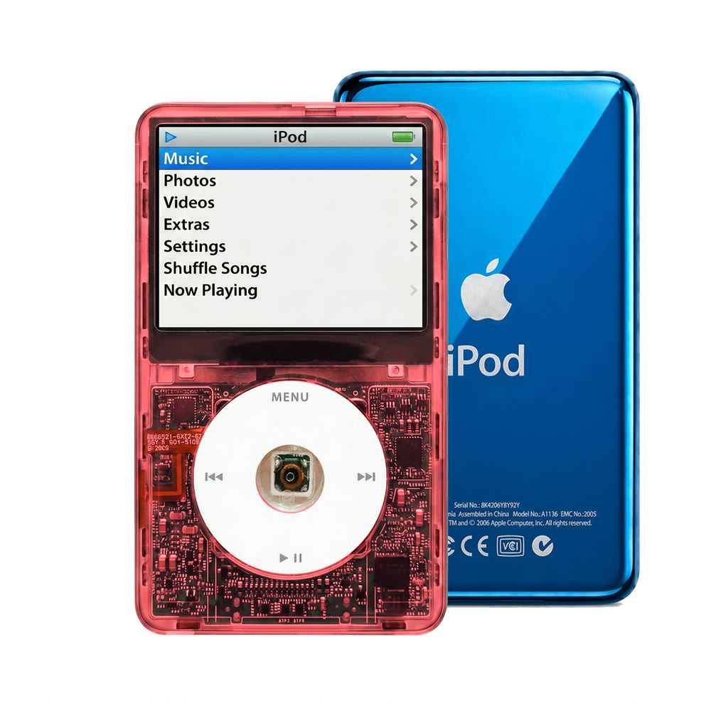 Clear Red refurbished iPod Video 5.5 Gen with White click wheel and Blue back plate