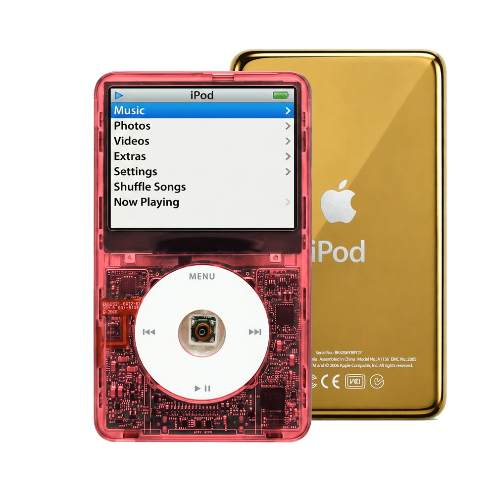 Clear Red refurbished iPod Video 5.5 Gen with White click wheel and Gold back plate