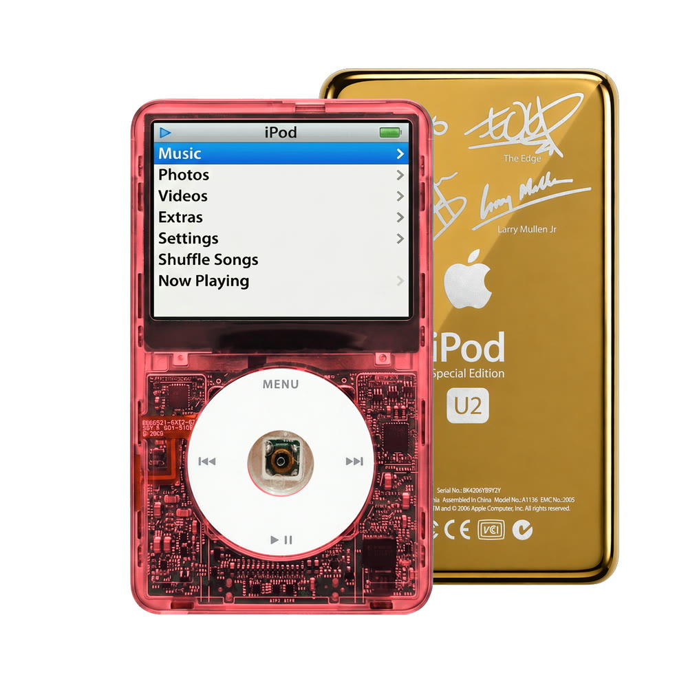 Clear Red refurbished iPod Video 5.5 Gen with White click wheel and Gold U2 back plate