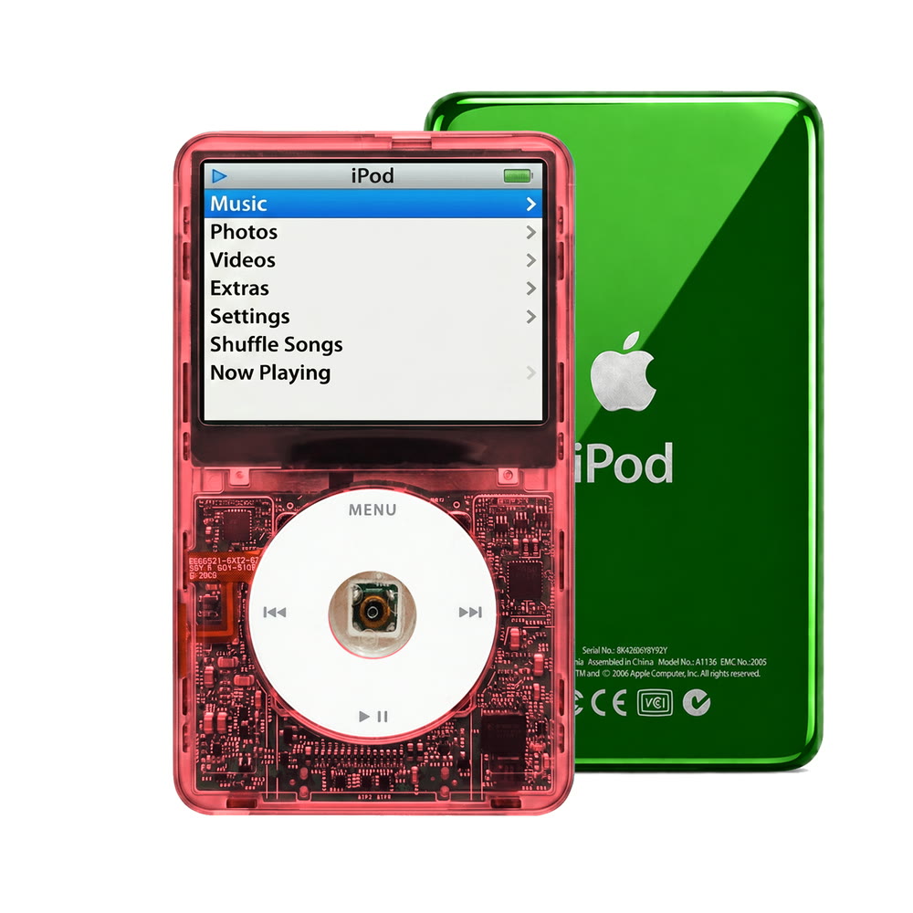 Clear Red refurbished iPod Video 5.5 Gen with White click wheel and Green back plate