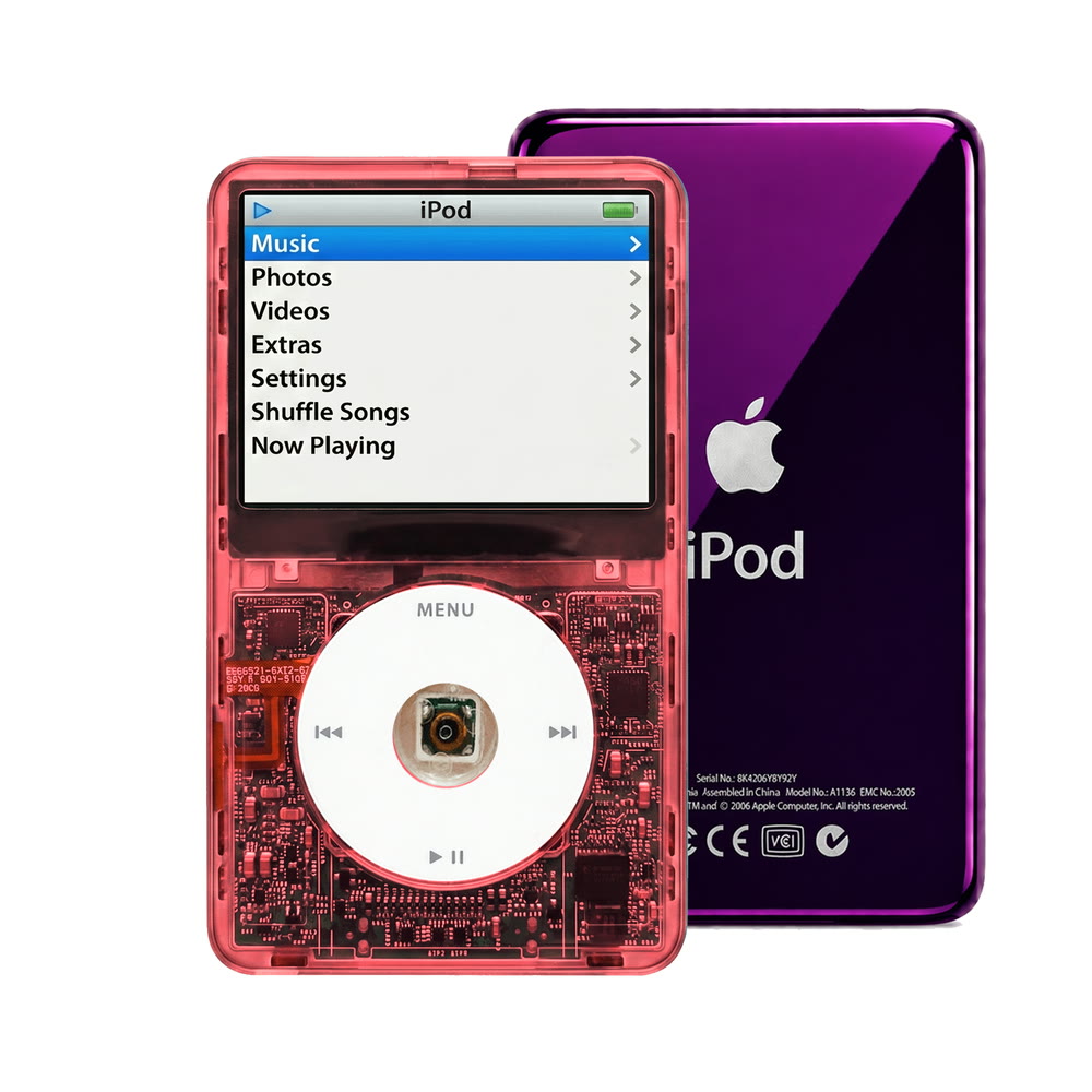 Clear Red refurbished iPod Video 5.5 Gen with White click wheel and Purple back plate