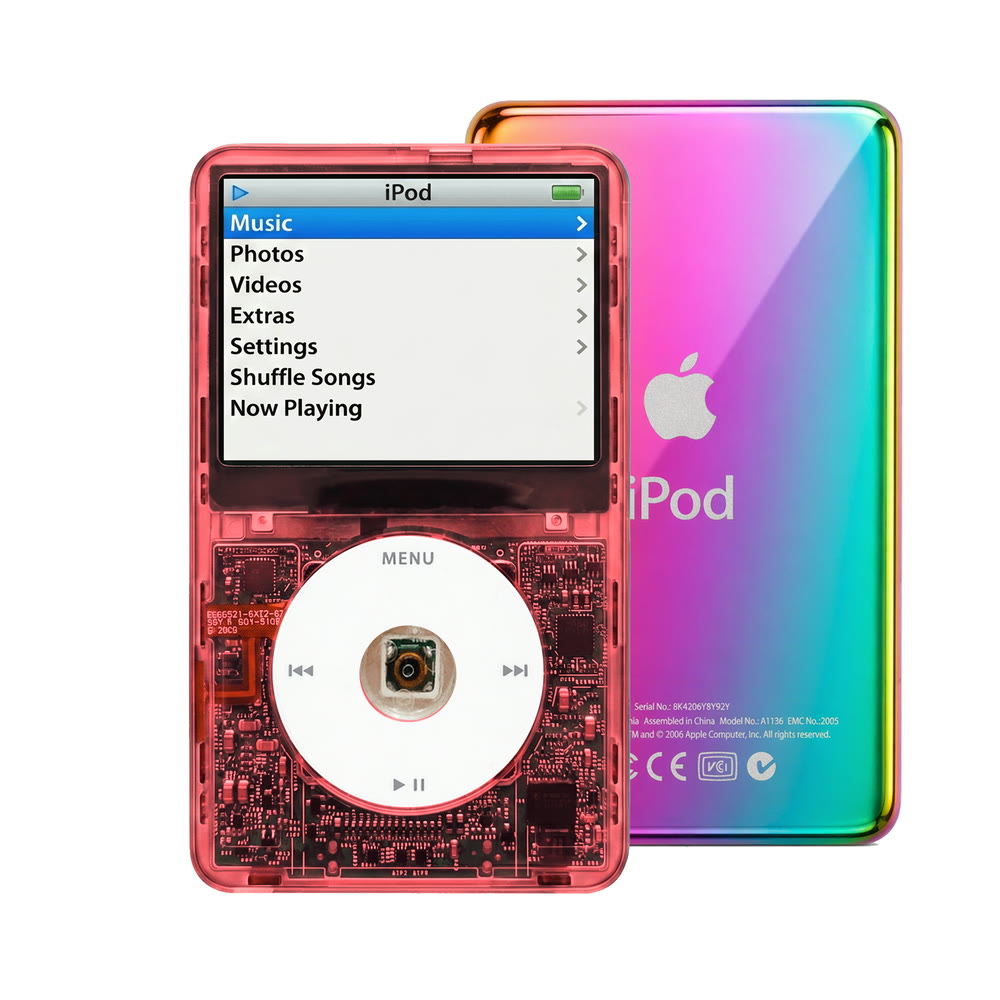 Clear Red refurbished iPod Video 5.5 Gen with White click wheel and Rainbow back plate