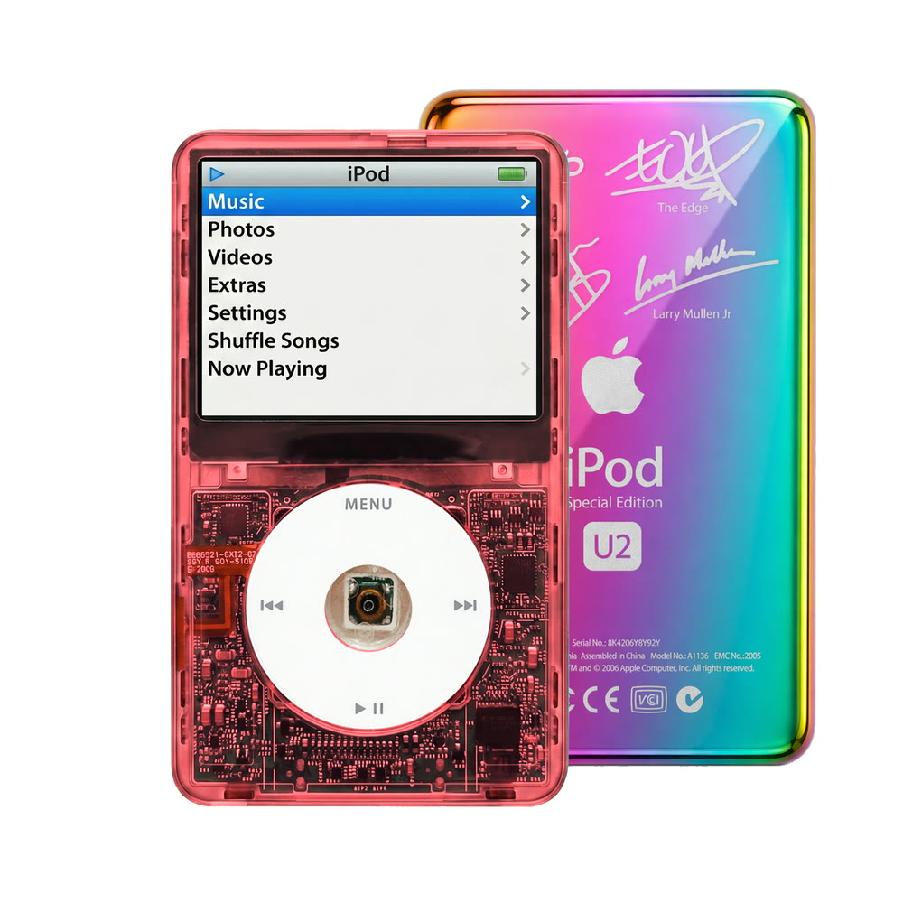 Clear Red refurbished iPod Video 5.5 Gen with White click wheel and Rainbow U2 back plate