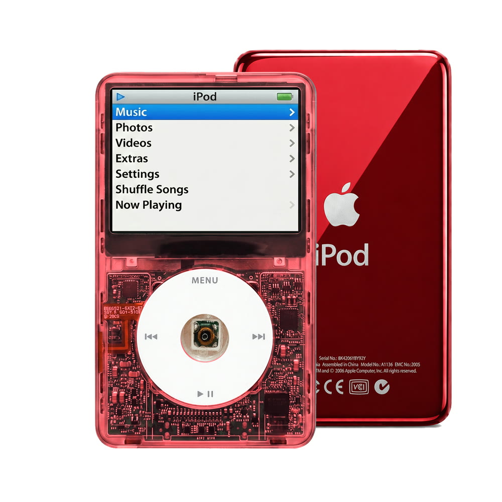 Clear Red refurbished iPod Video 5.5 Gen with White click wheel and Red back plate