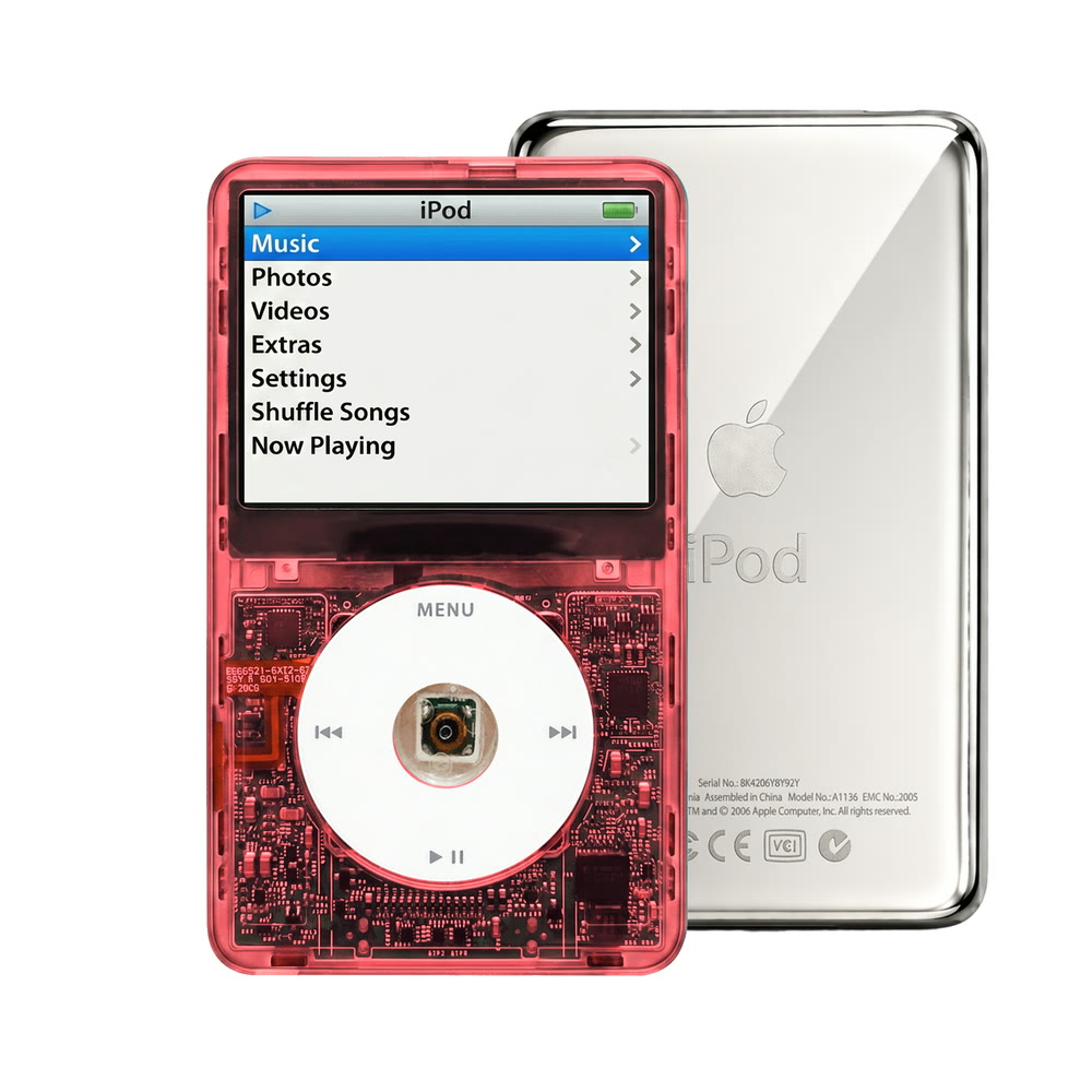 Clear Red refurbished iPod Video 5.5 Gen with White click wheel and Silver back plate